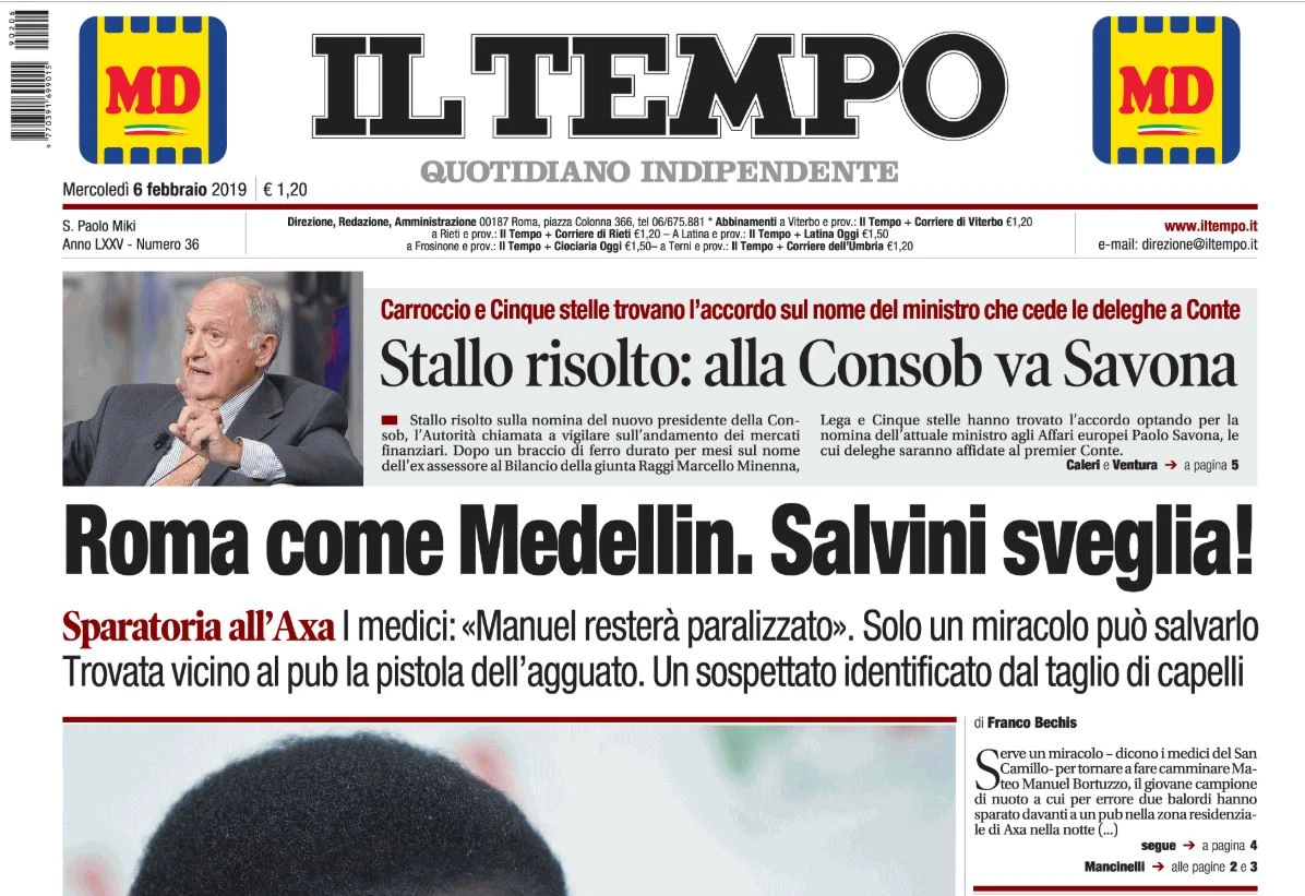 Franco Bechis sulla prima pagina del Tempo: "Roma come Medellin. Matteo Salvini sveglia"