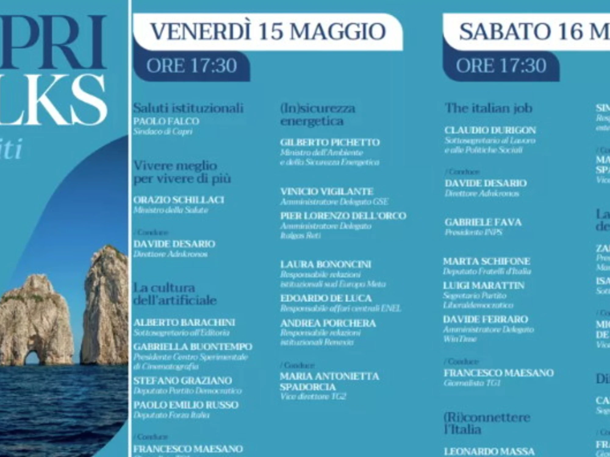 SPIN FACTOR LANCIA I CAPRI TALKS: 15 E 16 MAGGIO CON SCHILLACI, PICHETTO, CALENDA E DURIGON