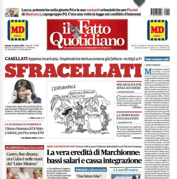 Elisabetta Casellati, come gode Marco Travaglio: la sadica prima pagina del Fatto quotidiano