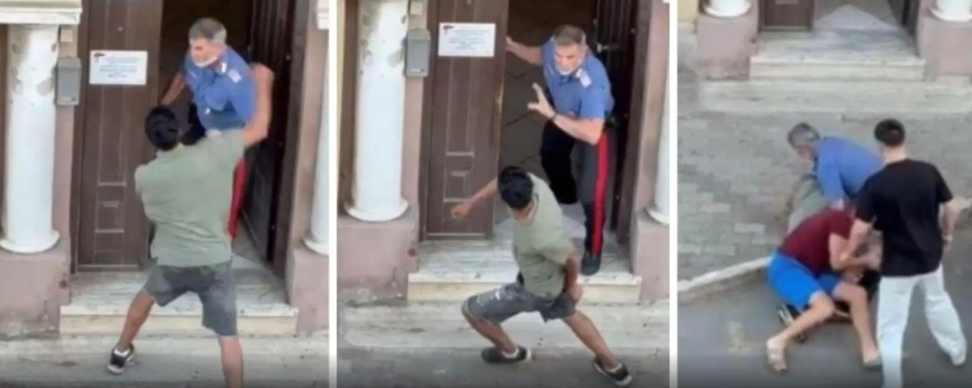 Il carabiniere apre la porta e viene pestato dall'africano: video-choc