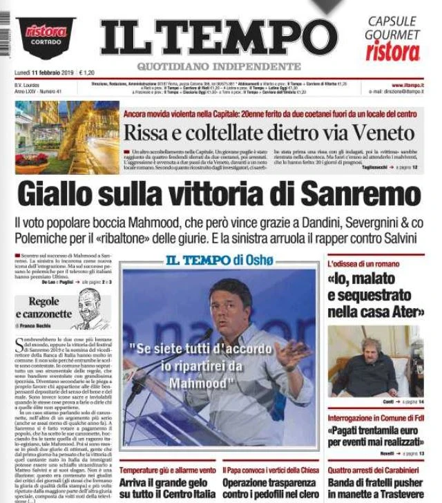 Sanremo 2019, "giallo sulla vittoria". Il Tempo spara la bomba in prima pagina: complotto rosso e mistero