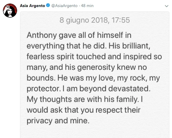 Anthony Bourdain morto suicida, lo straziante messaggio di Asia Argento sui social