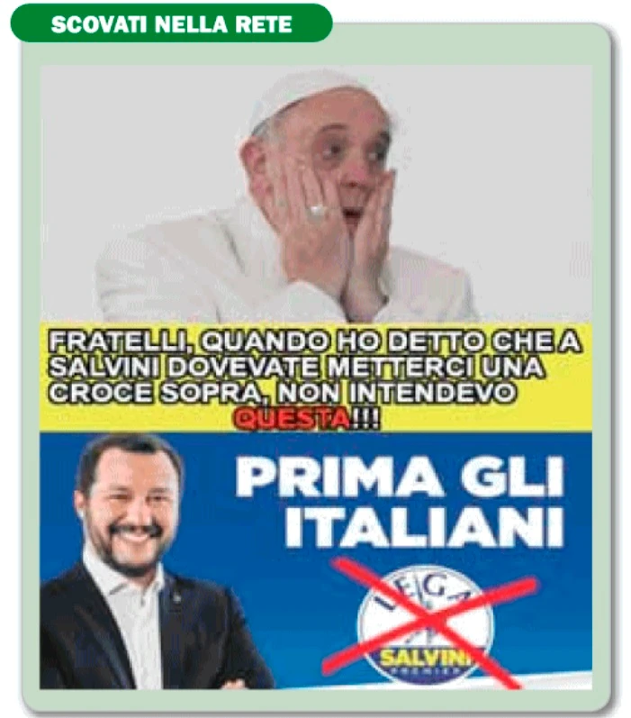 Papa Francesco sconfitto alle Europee da Matteo Salvini, il fotomontaggio ferocissimo