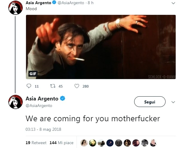Asia Argento, ormai siamo al delirio. Il tweet furioso: "Ti veniamo a prendere figlio di putt***"
