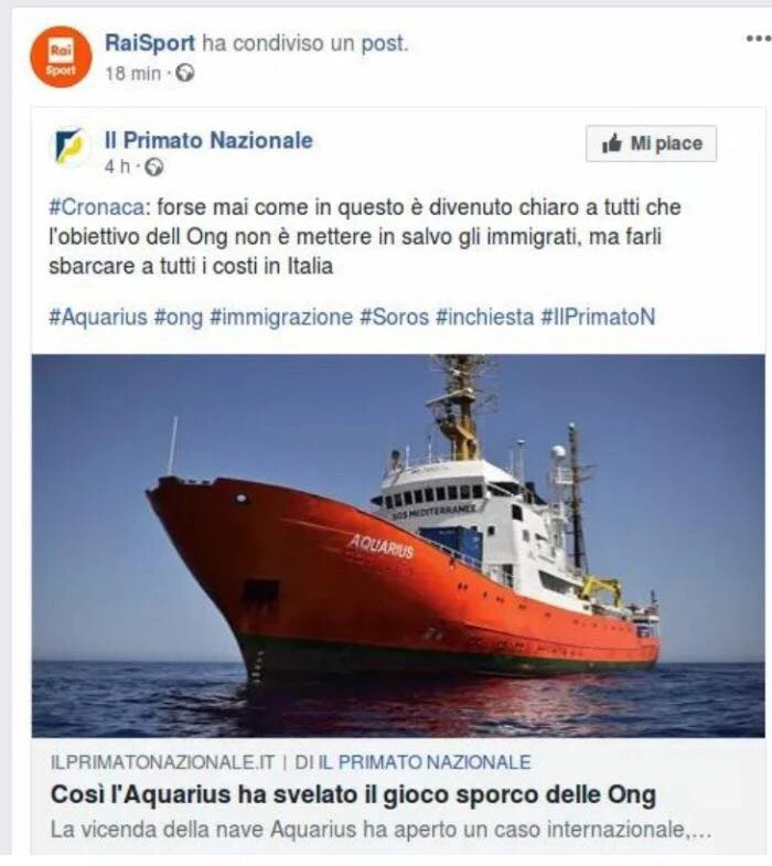 Rai Sport, su Facebook il post del Primato Nazionale su Aquarius: caos a Viale Mazzini, scuse e mistero