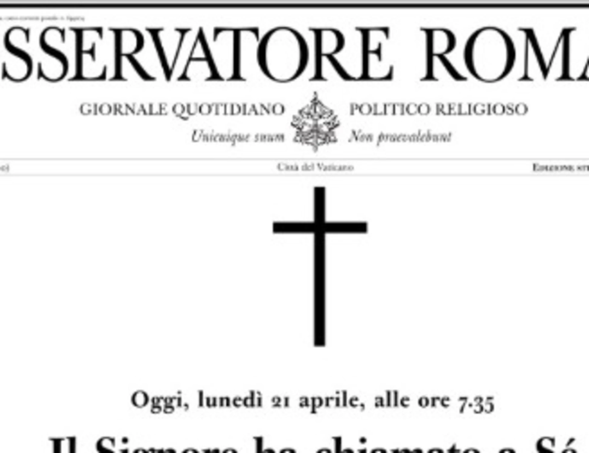 Papa Francesco morto, la prima pagina dell&apos;Osservatore romano