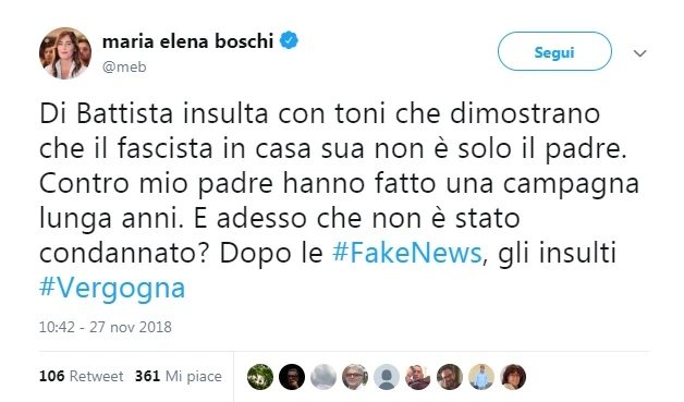 Luigi Di Maio, Maria Elena Boschi asfalta Alessandro Di Battista: "Dimostra che fascista non è solo il padre"