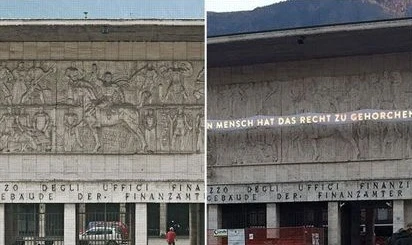 Bolzano, il fregio dedicato al Duce coperto da una installazione