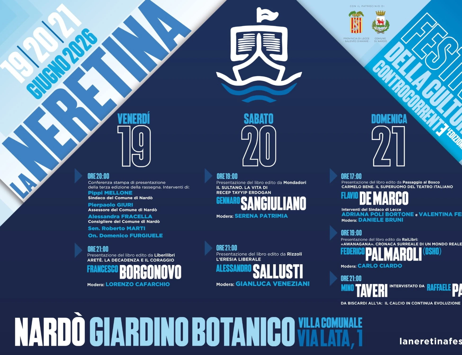 Nardò: pronta la terza edizione de La Neretina, dal 19 al 21 giugno tre giorni di cultura e dibattiti alla Villa Comunale