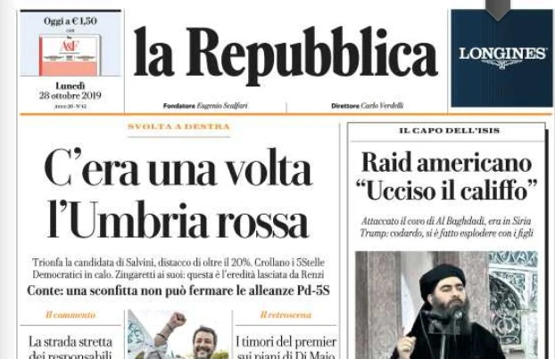 Regionali Umbria, il titolo di Repubblica in prima pagina: "C'era una volta..."