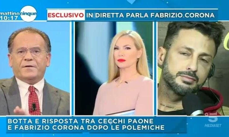 Mattino 5, Fabrizio Corona fuori controllo: insulta Cecchi Paone, sfregia Federica Panicucci e se ne va