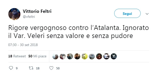 Vittorio Feltri una furia contro l'arbitro Valeri: rigore dubbio contro la "sua" Atalanta, il tweet al veleno