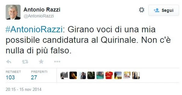 Antonio Razzi si candida al Quirinale e smentisce la candidatura: tutto con 140 caratteri