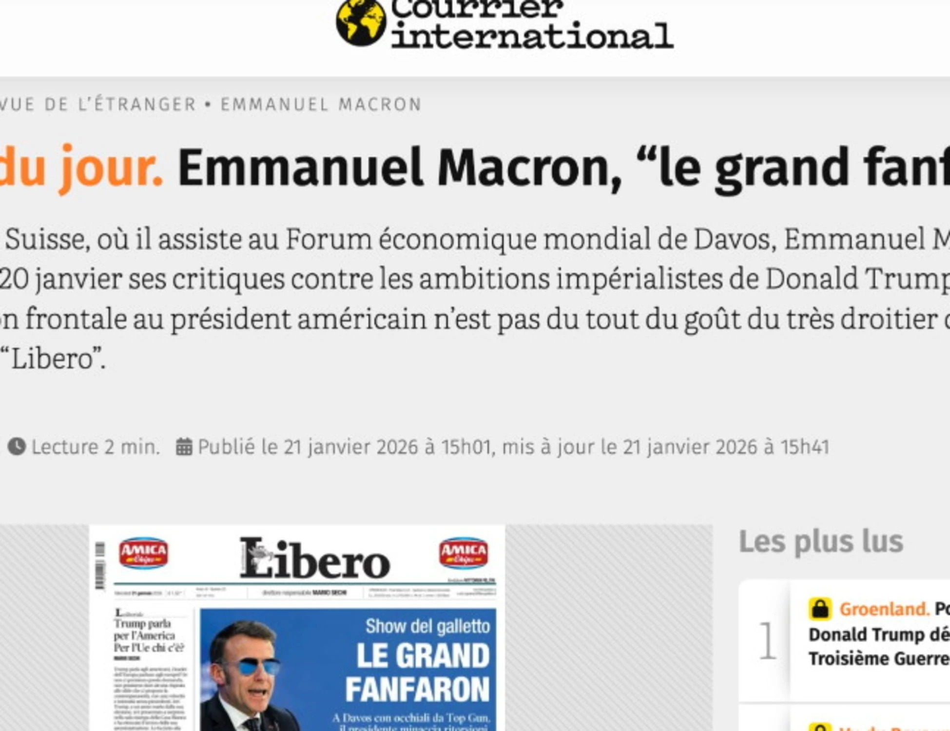 Courrier International, la prima pagina del giorno è quella di "Libero"