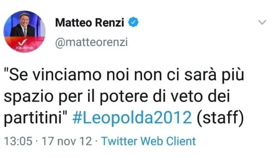 Matteo Renzi, imbarazzo per un tweet del 2012: "Se vinciamo noi, stop al potere di veto ai partitini"