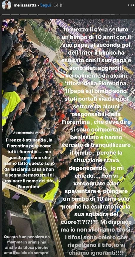Fiorentina-Inter, Melissa Satta denuncia l'aggressione a un bimbo nerazzurro: "Non siete tifosi ma ignoranti"