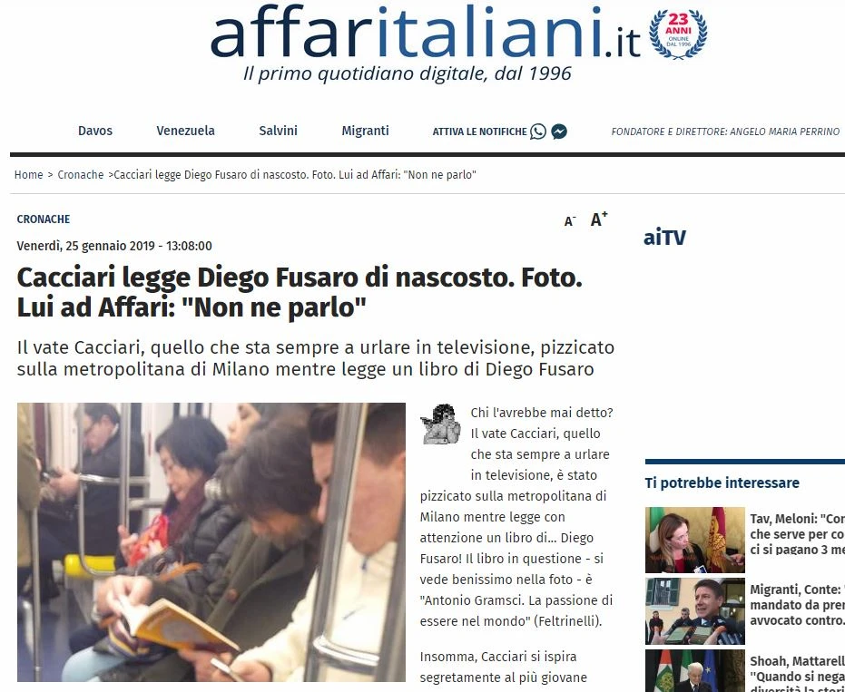 Diego Fusaro, il trionfo del filosofo sovranista: Cacciari beccato a leggere il suo libro