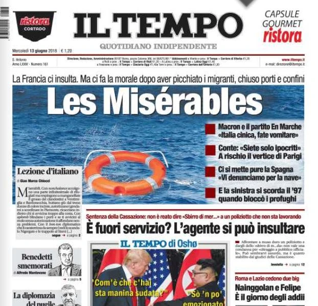 Aquarius, la prima pagina brutale del Tempo contro la Francia: come li insulta, da godere
