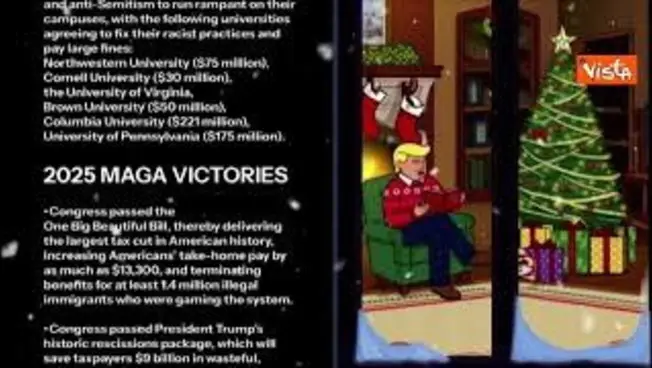 Leggi l'articolo: Trump cartoon legge sotto l'Albero, musica di Natale e traguardi Maga, gli auguri della Casa Bianca
