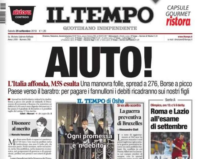 M5s, Il Tempo e la prima pagina con titolo a caratteri cubitali: "Aiuto!"
