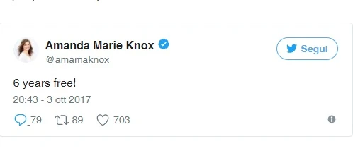 Amanda Knox, il tweet a sei anni dalla sentenza d'appello: "6 years free!"
