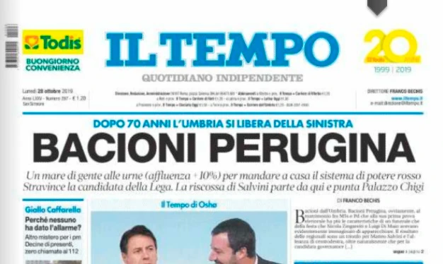 Regionali Umbria, lo strepitoso titolo di prima scelto da Franco Bechis su Il Tempo: "Bacioni perugina"