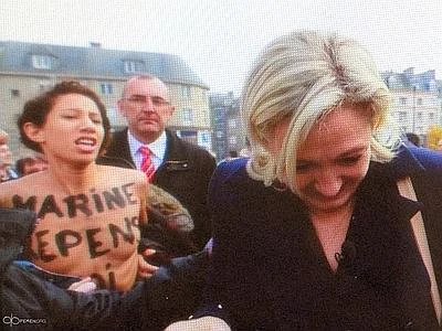 "Pentiti". Protesta delle Femen contro Marine Le Pen