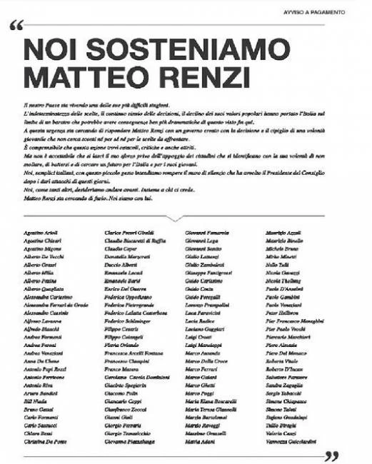 Matteo Renzi, sul Corriere della Sera il manifesto dei nobili che lo sostengono