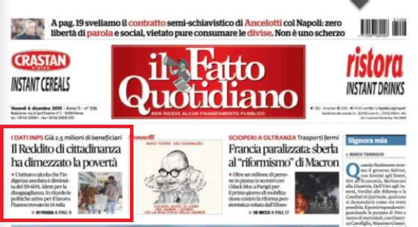 Il Fatto Quotidiano di Marco Travaglio ultra-grillino: "Il reddito di cittadinanza ha dimezzato la povertà"