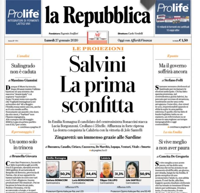 Emilia Romagna, Repubblica titola su Salvini: "La prima sconfitta". Sospiro di sollievo a sinistra