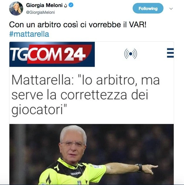 Giorgia Meloni scatenata contro Sergio Mattarella, il fotomontaggio: "Arbitro? Ecco cosa ti servirebbe"