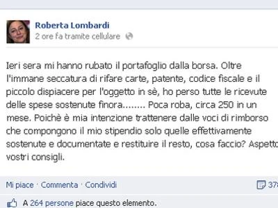 M5s, rubato il portafoglio a Lombardi: "Conteneva le ricevute delle mie spese"