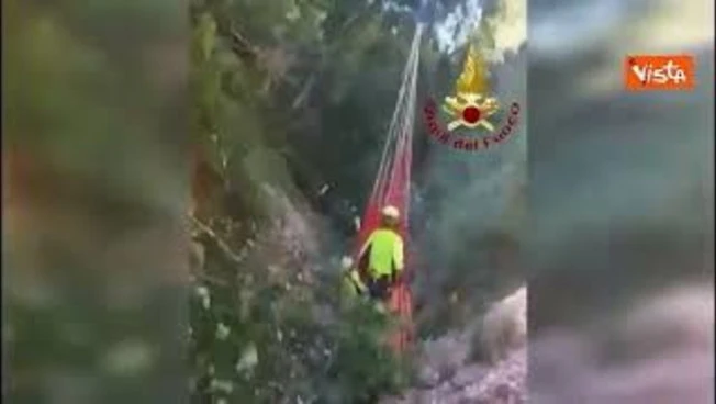 Bovino cade in un dirupo a Fiastra, il salvataggio dei Vigili Del Fuoco con l'elicottero