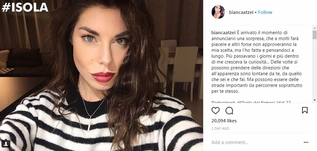 L'ultima foto postata da Bianca Atzei su Instagram.
