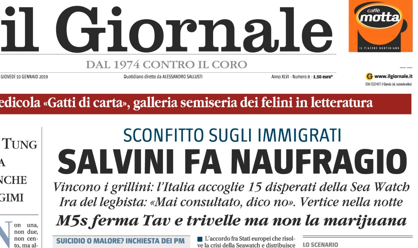 Alessandro Sallusti, sulla prima pagina del Giornale il "naufragio" di Matteo Salvini
