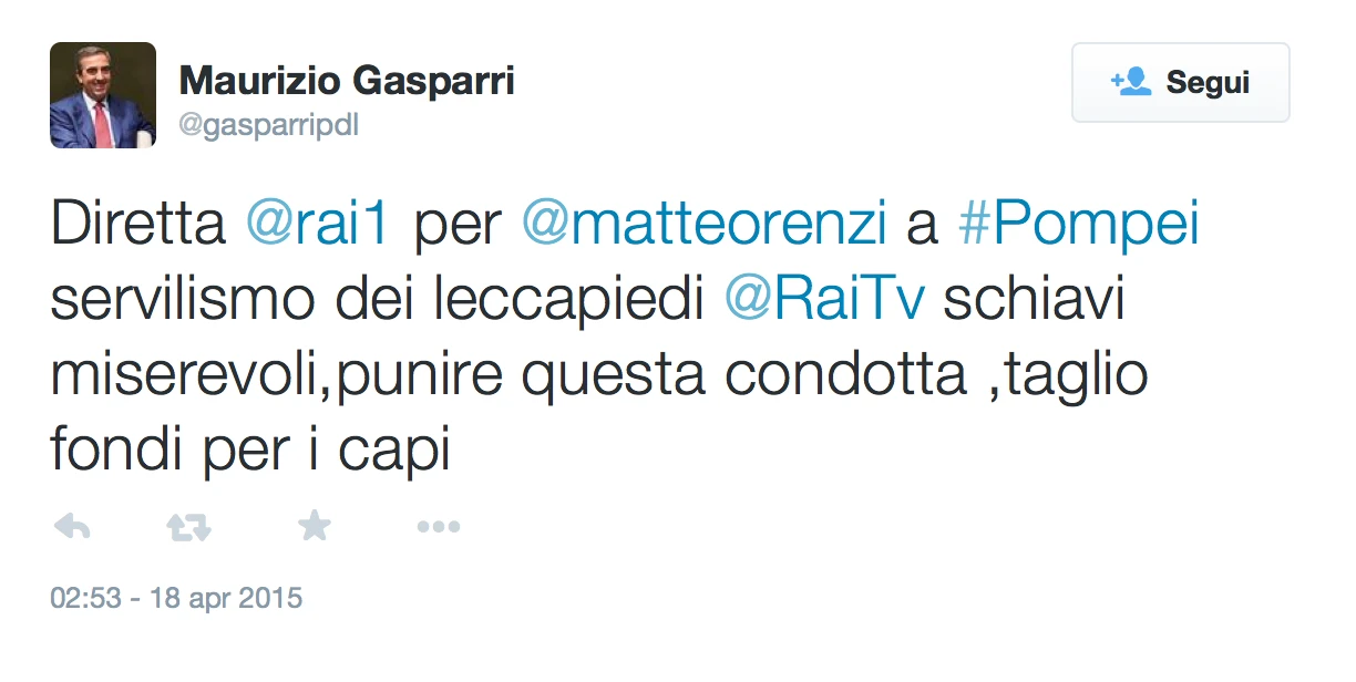 Matteo Renzi a Pompei in diretta su Raiuno, Maurizio Gasparri: "Capi della Rai servi e leccapiedi"
