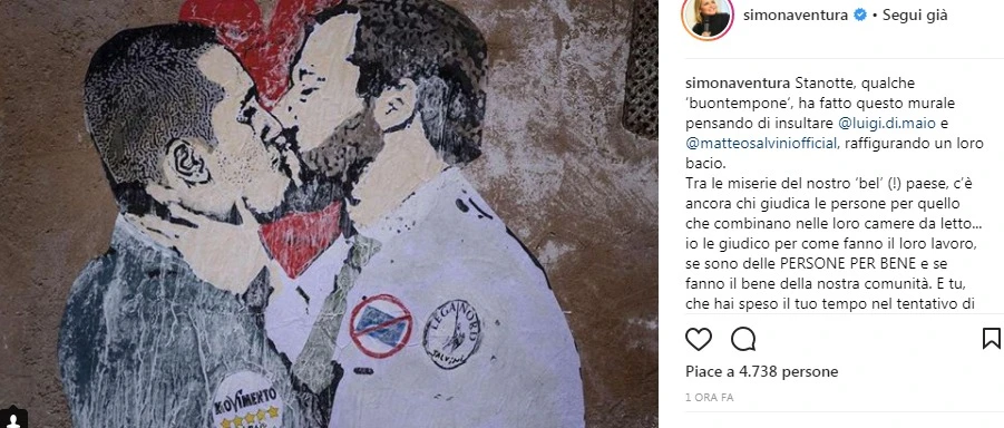 Simona Ventura, figuraccia sul murales di Salvini e Di Maio che si baciano: "In camera da letto..."