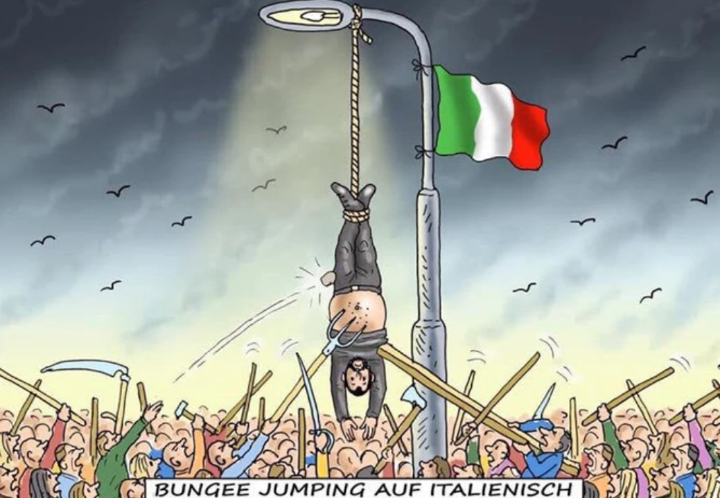 Matteo Salvini, vignetta choc dalla Germania: raffigurato a testa in giù e inforcato