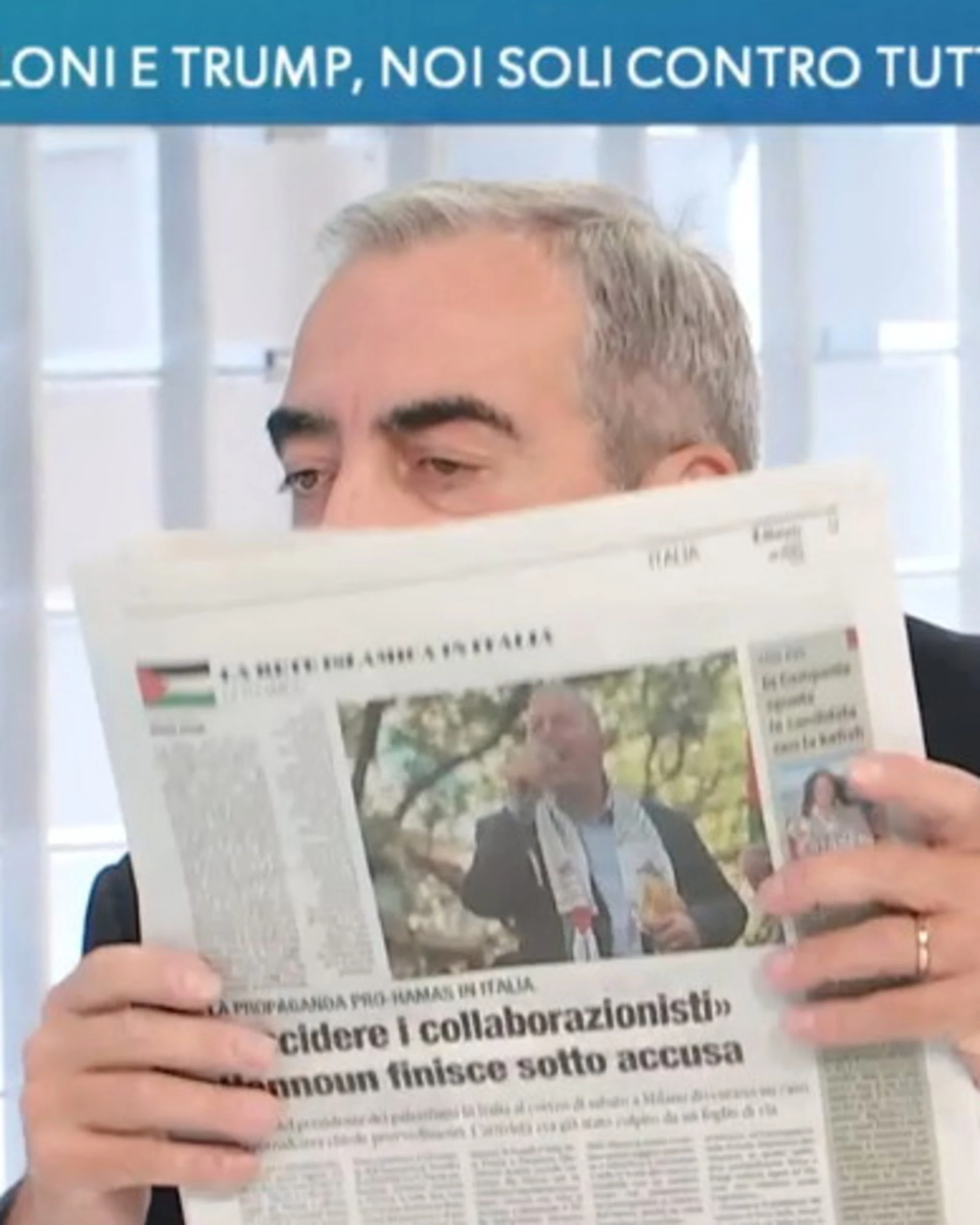 L'aria che tira, Gasparri sfoggia "Libero" in favor di telecamera: panico a La7