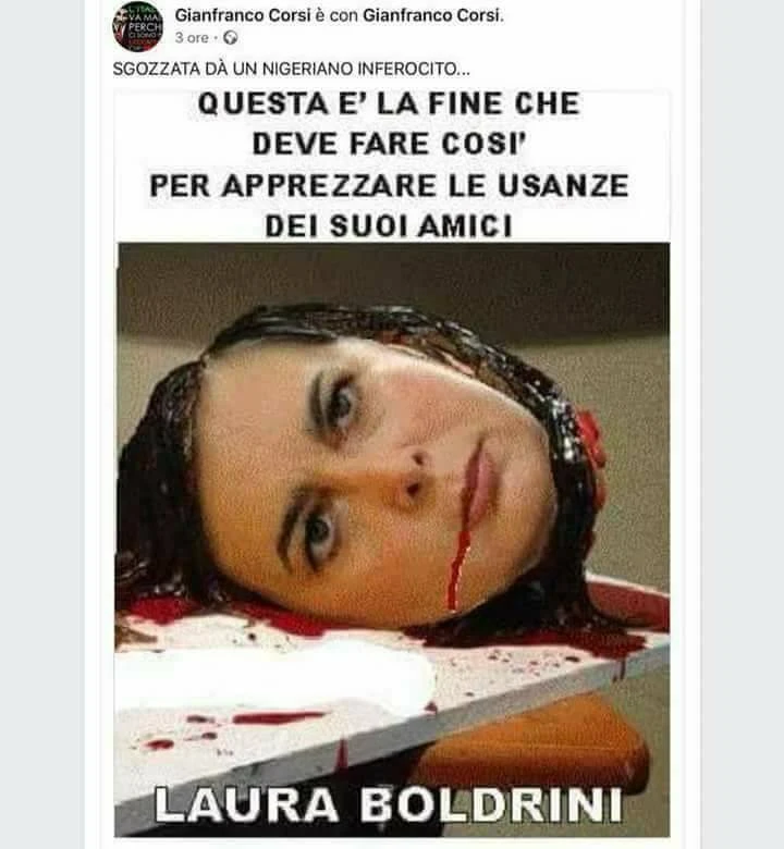 Laura Boldrini sgozzata da un nigeriano: il vergognoso fotomontaggio su Facebook