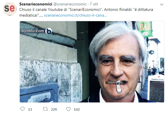 Scenari economici oscurato su Youtube: chiuso il canale video del sito no euro