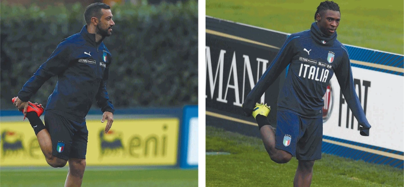 Italia, Roberto Mancini con Fabio Quagliarella e Moise Kean: il vecchio e il bambino