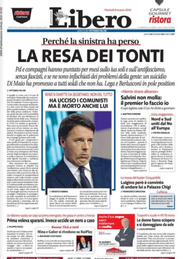 Vittorio Feltri da Vespa, l'epocale prima pagina di Libero su Renzi e Pd: "La guerra dei tonti"