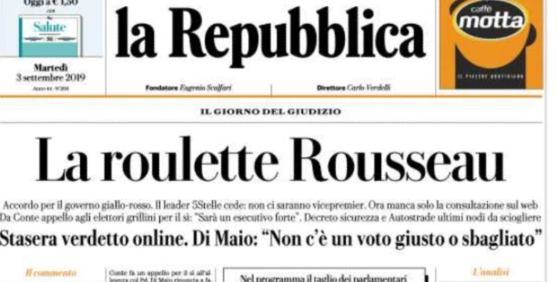 Repubblica, "Roulette Rousseau" in prima pagina. Sospetto: ha rubato il titolo a Enrico Mentana