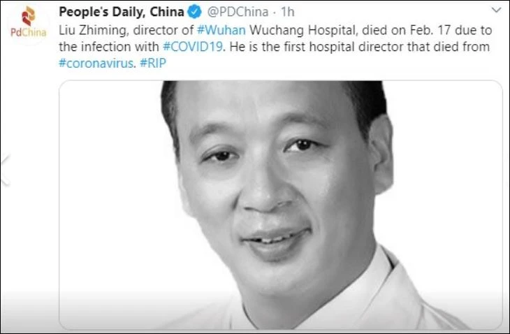 Coronavirus, il direttore dell'ospedale di Wuhan non ce l'ha fatta. Il governo: "È un eroe di guerra"