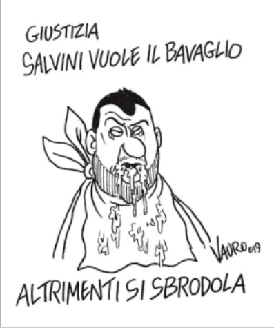 Matteo Salvini, la vignetta di Vauro: il leghista col bavaglio che si sbrodola