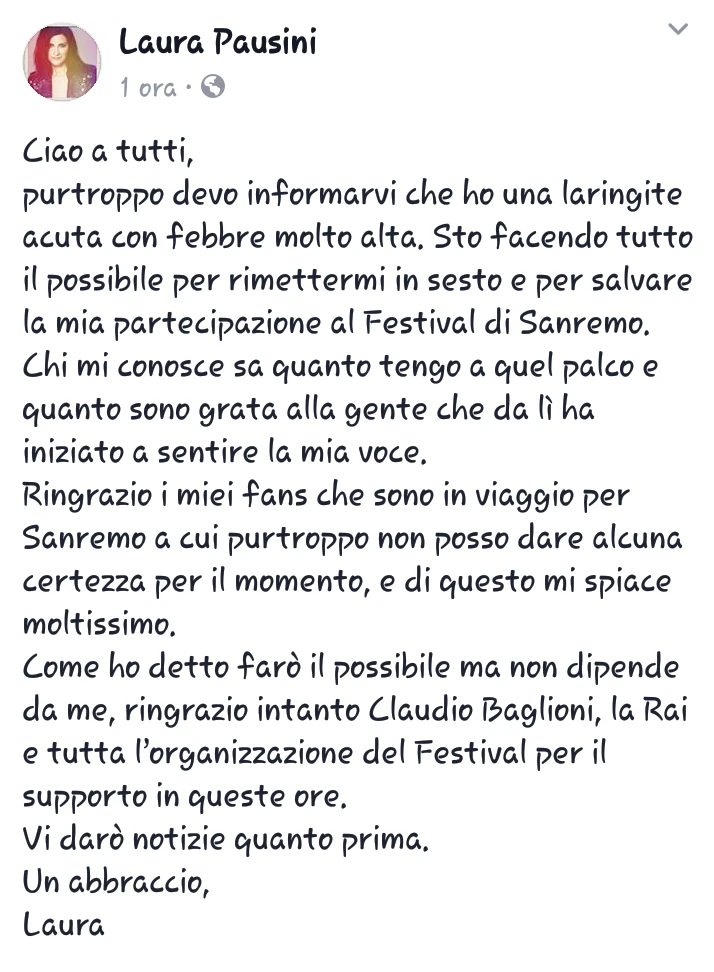 Festival di Sanremo, disastro a 24 ore dal via: Laura Pausini a rischio, Claudio Baglioni trema