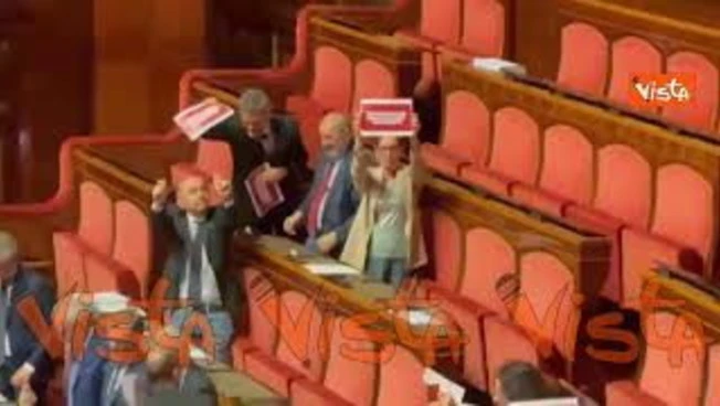 Dl sicurezza, opposizioni con cartelli in Aula Senato, 'Con Governo Meloni zero sicurezza'