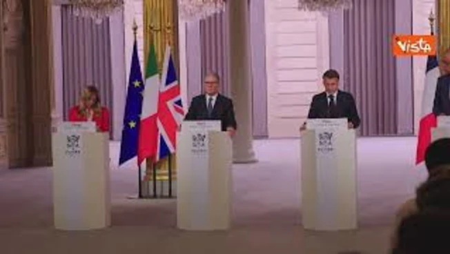Meloni alla conferenza stampa congiunta con Marcon, Merz e Starmer al vertice su Hormuz a Parigi