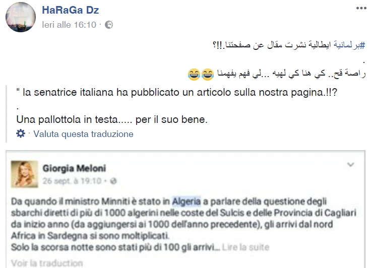 Meloni, minacce di morte da una pagina Facebook che organizza gli sbarchi di algerini in Sardegna